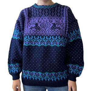 Vintage Hand Knit Reindeer Stag Navy Blue Wool Norwegian Fair Isle Sweater Sz L